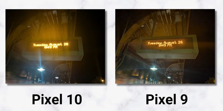 Pixel 10 与 Pixel 9 的对比示例图片（图片来源：9to5Google via Youtube）