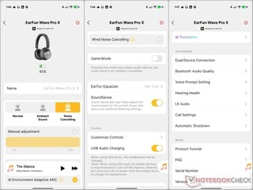 EarFun Audio 应用程序选项。