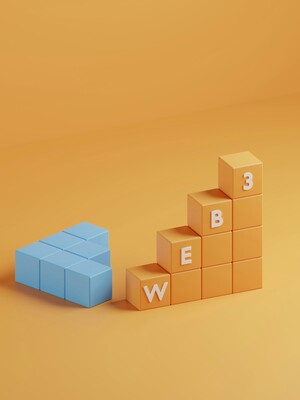风格化的 3D 块组成了 "Web3 "一词，象征着分散式游戏的雄心和结构的复杂性（图片来源：Shubham Dhage via Unsplash）