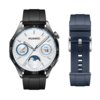 华为 Watch GT 4 Spring Edition 黑色氟橡胶表带 46mm + 深海蓝氟橡胶表带二合一。(图片来源：华为）