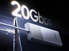 这款 SSD 硬盘盒的 10Gbps 版本售价为 29.99 美元。图示:一张突出另一型号 20Gbps 传输速率的宣传图片。