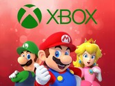 马里奥和其他任天堂角色位于 Xbox 徽标下方（图片来源：任天堂美国公司，Xbox 游戏，有编辑）