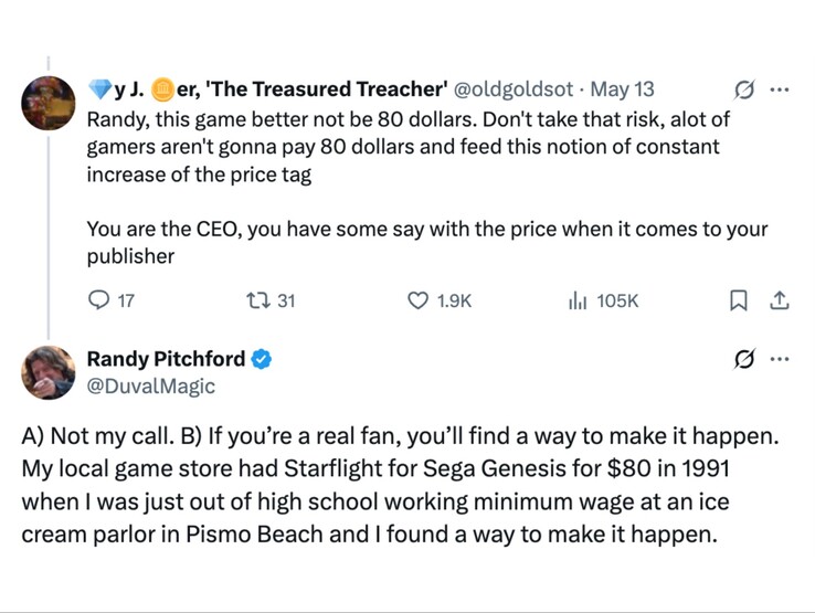 兰迪-皮奇福德（Randy Pitchford）对一位粉丝关于《边陲 4》价格评论的回应（图片来源：Randy Pitchford on X