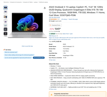 带有相同警告的华硕 Vivovook S 15 亚马逊上市信息（图片来源：亚马逊）