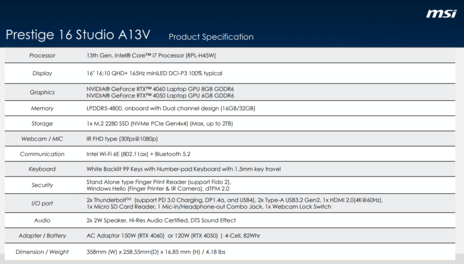 MSI Prestige 16 Studio A13V - 规格。(图片来源：微星)