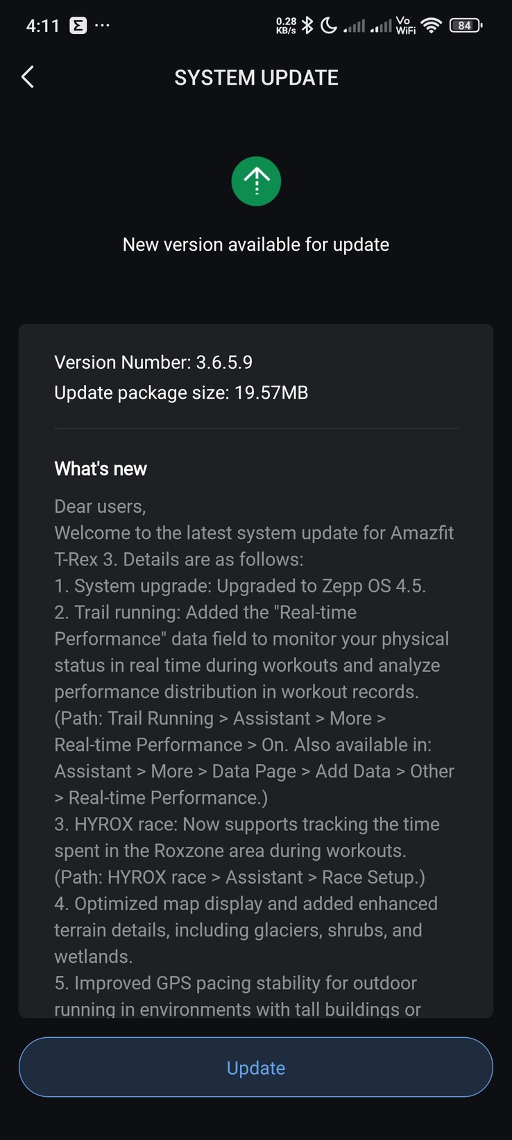 Amazfit T-Rex 3 智能手表 3.6.5.9 版本更新的发布说明。(图片来源：Facebook）