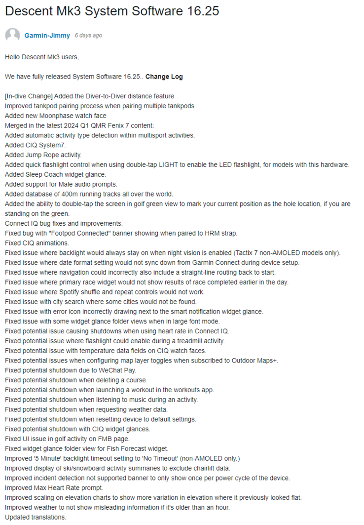 Descent Mk3 系统软件 16.25 的更新日志。(图片来源：Garmin）