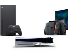 图中所示为 Xbox Series X、索尼 PS5 Slim 光盘版和任天堂 Switch 2
