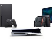 图中所示为 Xbox Series X、索尼 PS5 Slim 光盘版和任天堂 Switch 2