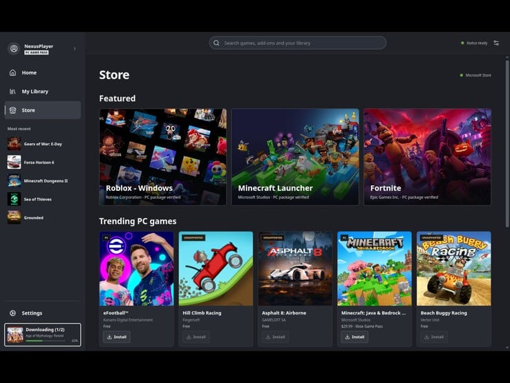 该商店页面旨在让 Steam Deck 用户从 Microsoft Store 和 PC Game Pass 下载游戏。（图：Xodus Nexus 启动器的屏幕截图。）