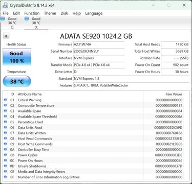 ADATA SE920 支持 PCIe 4.0 x4