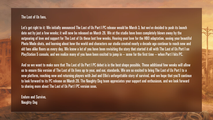 顽皮狗关于《最后的我们》第一部分PC移植的声明（图片来自顽皮狗）。