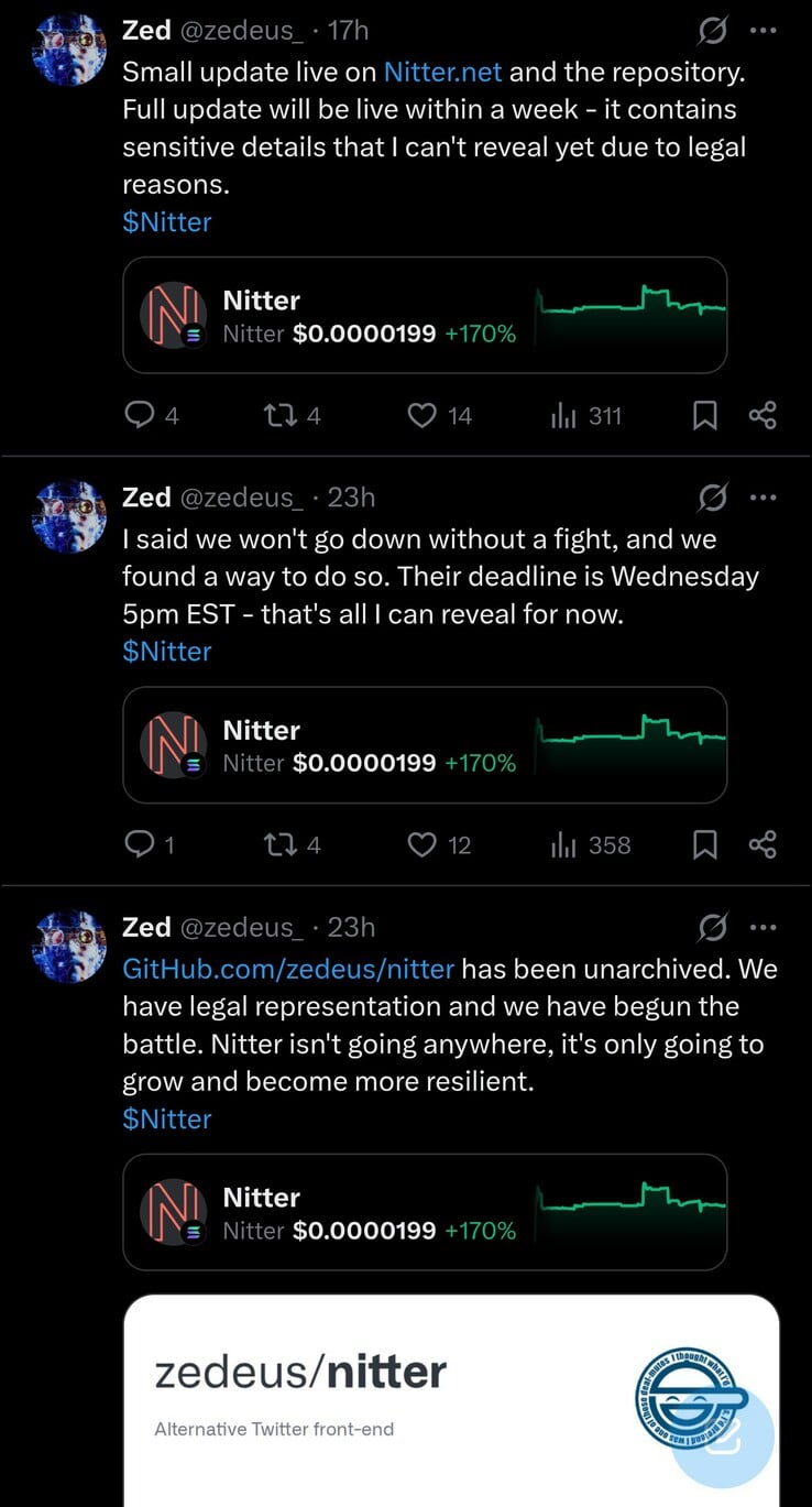 Nitter首席开发者Zedeus表示，他已做好与X公司打官司的准备，本周将发布完整更新。