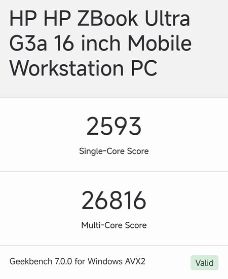 Geekbench 上的 HP ZBook Ultra G3a 16 英寸机型信息