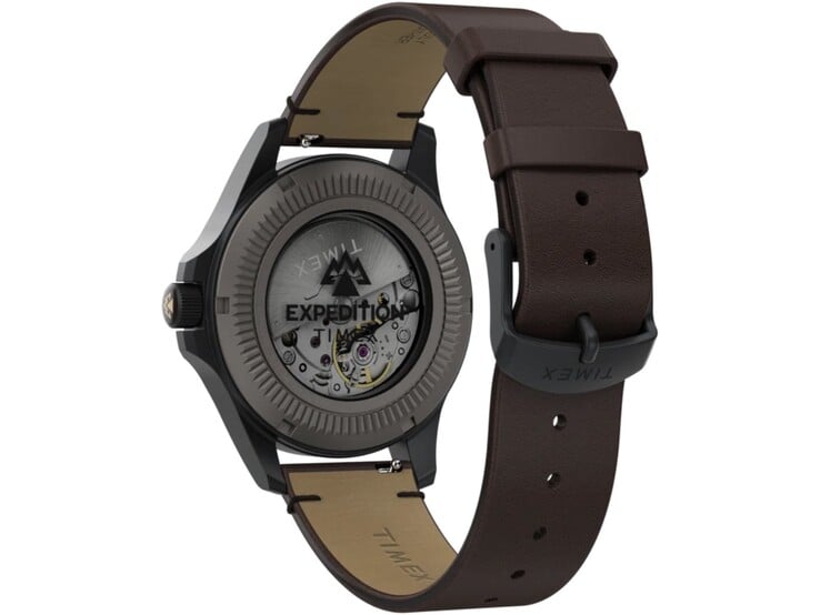 Timex Expedition Field Post Titanium腕表的背面视图，展示了其透底表背、自动机芯以及棕色皮革表带。