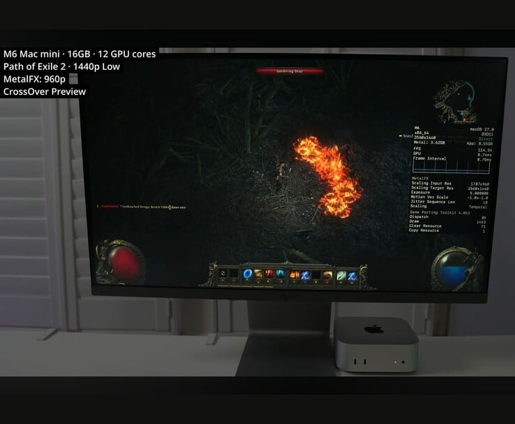 《流放之路2》在配备16 GB内存的M6版Mac mini上通过CrossOver运行，分辨率为1440p，采用低画质设置。