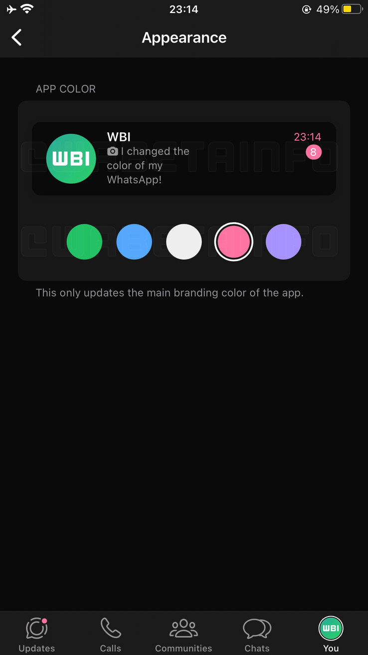 WhatsApp 测试版上的应用主题颜色自定义（图片来源：WABetaInfo）