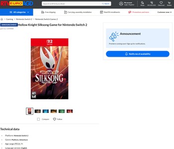 空洞骑士》Silksong Switch 2 RTV 欧洲 AGD 列表（图片来源：截图，RTV 欧洲 AGD）