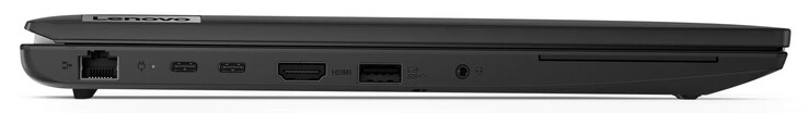 左侧千兆以太网、USB 3.2 Gen 2 (USB-C；Power Delivery、Displayport)、HDMI、USB 3.2 Gen 1 (USB-A)、音频组合、智能卡读卡器