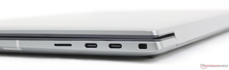 右边。MicroSD读卡器，2个USB-C带Thunderbolt 4 + DisplayPort + Power Delivery，楔形锁。