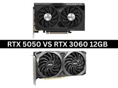 NvidiaGeForce RTX 5050 和 RTX 3060 12 GB 显卡并排图片（图片来源：技嘉和微星提供的产品图片）：产品图片来自技嘉和微星。合成图由 Anmol Dubey 通过 Notebookcheck 制作）。