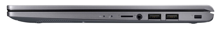 右侧：存储卡读卡器（MicroSD，可选），音频组合，2个USB 2.0（USB-A），电缆锁的插槽
