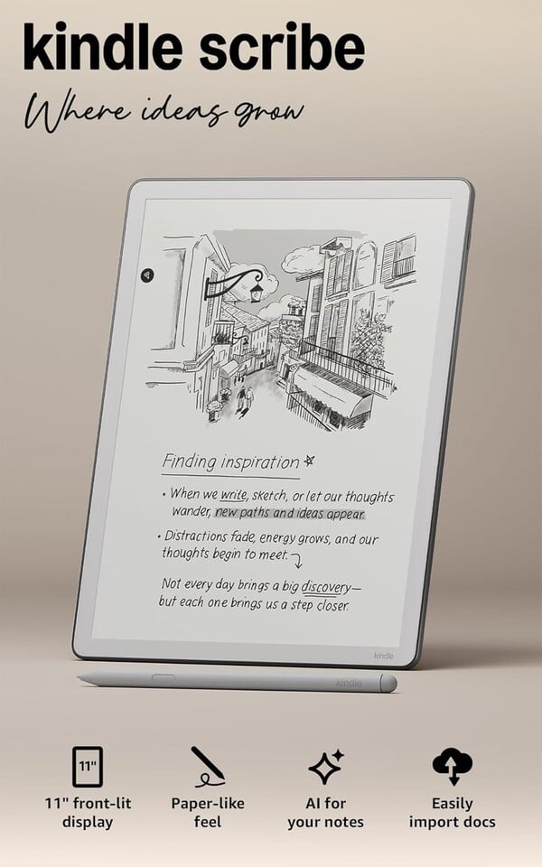 新款 Kindle Scribe 现在的四边边框大小均匀。(图片来源：亚马逊）