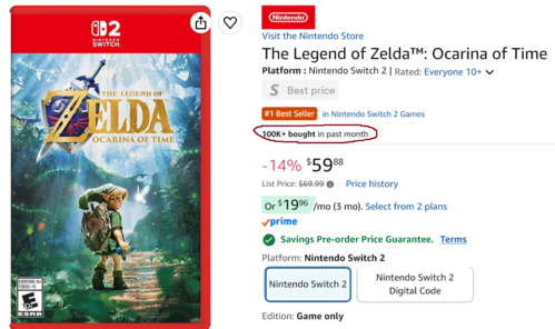Zelda: Ocarina of Time 的 Amazon 商品页面及销量展示