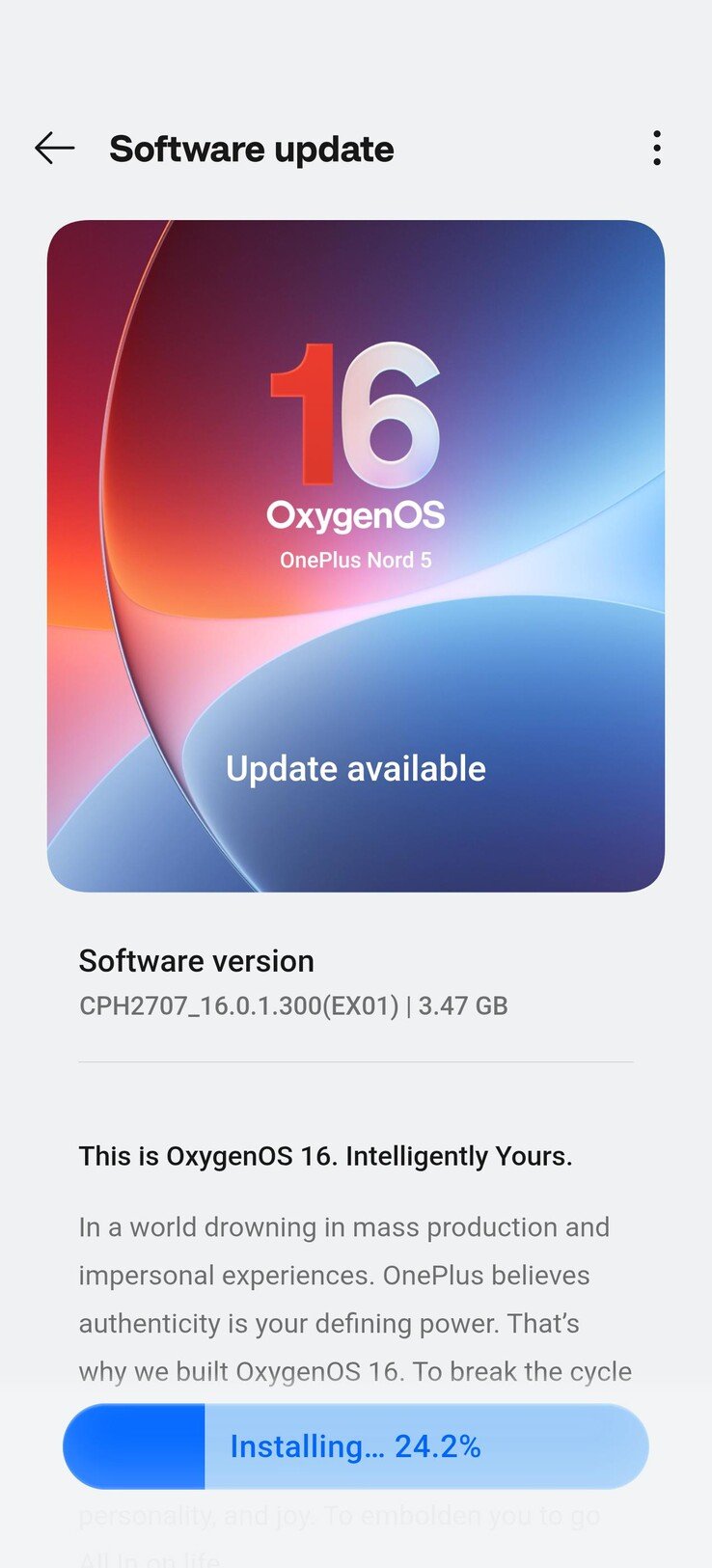 OnePlus Nord 5 上的 OxygenOS 16 OTA。（图片来源：u/Which_Total1708 via Reddit）