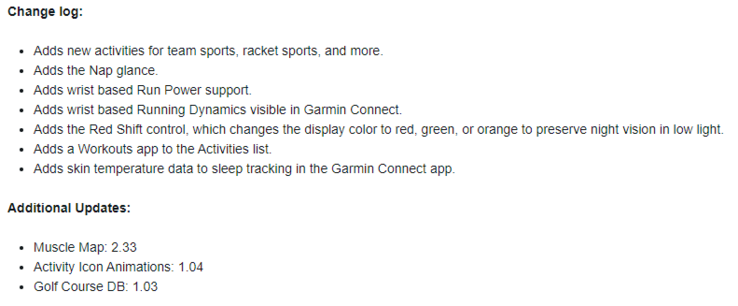 Garmin 公共测试版 8.23 的更改日志（图片来源：Garmin）