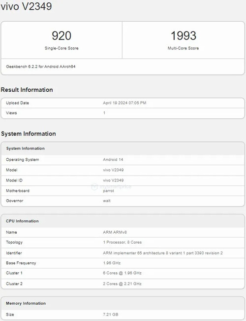 在 Geekbench 上，vivo V30 SE（或 V2349）和 V40 SE（V2337）似乎几乎完全相同...