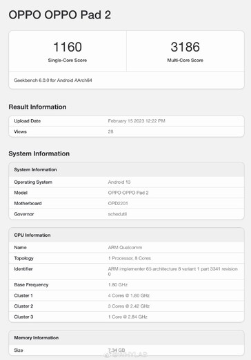 OPPO的第二代Android 平板电脑似乎在上市前访问了Geekbench。(来源：Geekbench via WHYLAB)