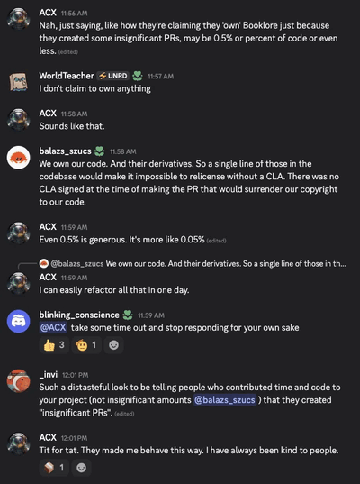 摘录与 Booklore 开发人员围绕许可协议变更和根据 CLA 涵盖社区贡献的要求进行的 discord 对话