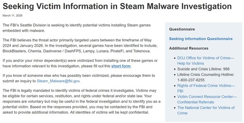 联邦调查局关于 Steam 恶意软件调查的通知