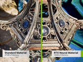 标准材料和神经材料的对比显示，Nvidia 可以大大减少游戏对 VRAM 的需求。(图片来源：Nvidia，已编辑）