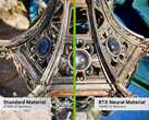 标准材料和神经材料的对比显示，Nvidia 可以大大减少游戏对 VRAM 的需求。(图片来源：Nvidia，已编辑）