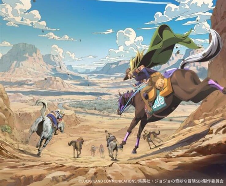 Netflix 的《钢珠快跑》动画的官方关键视觉图，Gyro Zeppeli 和 Johnny Joestar 在美国沙漠中飞驰。(图片来源：NetflixLucky Land Communications / 集英社 / 日本华纳兄弟 / Netflix 动漫