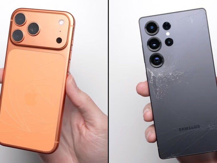 经过 1 米跌落测试后的 iPhone 17 Pro Max（左）和Galaxy S25 Ultra（右）的背面。(图片来源：PhoneBuff on YouTube，截图）