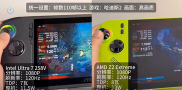 微星 Claw Z2 Extreme 与 Ultra 7 258V 的功耗对比（图片来源：Bilibili via VideoCardz）