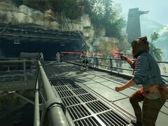 星球大战亡命之徒》中的主角凯-维斯向斯特罗姆骑兵射击。(图片来源：任天堂）