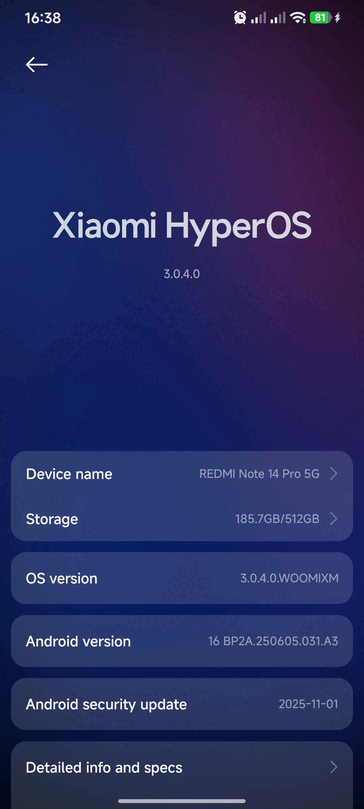 Redmi Note 运行 HyperOS 3 的 14 Pro 5G(图片来源:r/HyperOS via Reddit)