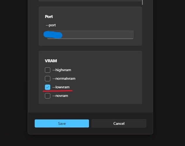 稳定矩阵上 ComfyUI 磁贴内的设置菜单截图，低 vram 高亮显示。(图片来源：Windows 屏幕截图）
