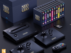Neo Geo Aes+ 的效果图，包括游戏手柄和视频游戏收藏