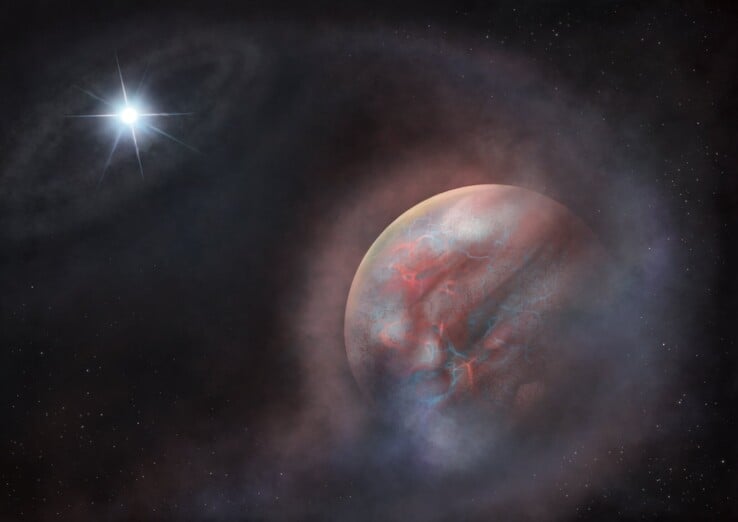 艺术家绘制的示意图,展示了围绕白矮星 HS 0209+0832 运行的系外行星候选体。