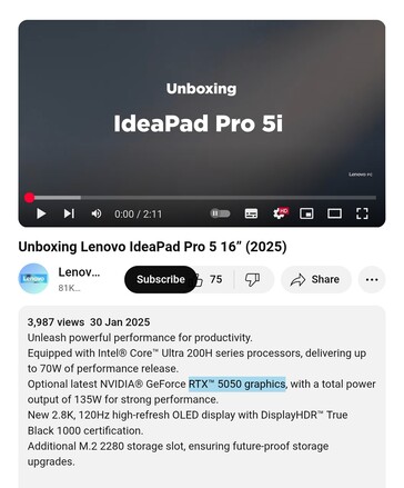 联想 IdeaPad Pro 5 16 将搭载 Nvidia RTX 5050 GPU。(图片来源：YouTube 上的联想 PC）