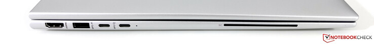 左边：HDMI 2.0b，USB-A 3.2 Gen.1（5 GBit/s）2个USB-C 4.0（40 GBit/s，DisplayPort ALT模式1.4，Power Delivery），智能卡阅读器（可选）。