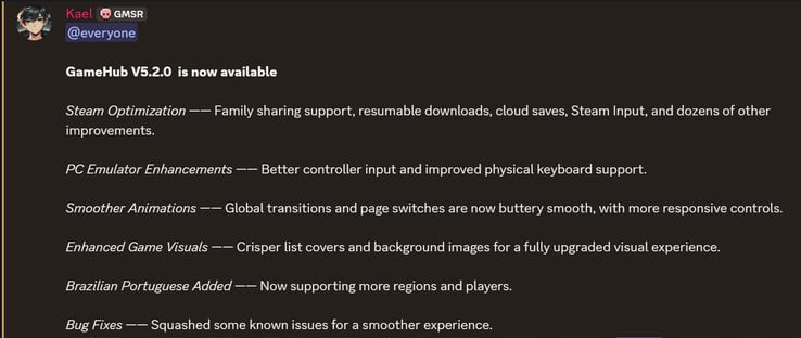 GameHub v5.2 更新日志(图片来源:GameSir)