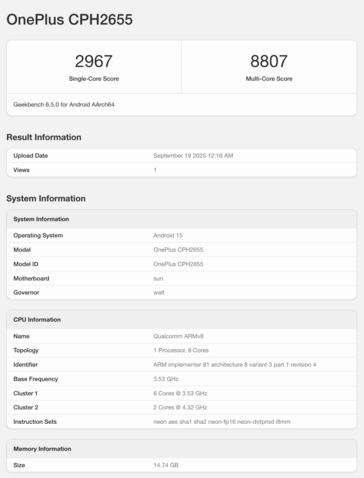OnePlus 13 在 Geekbench 上的列表。(图片来源：Geekbench）