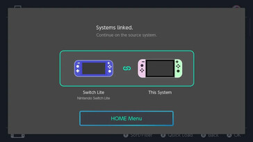 链接任天堂 Switch 游戏机以共享虚拟游戏卡的步骤 3：出现 "已链接系统 "确认屏幕，表明链接过程已完成。用户按下 "主页 "菜单按钮，继续在源系统上进行操作。