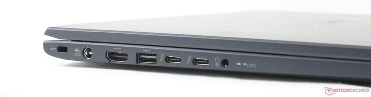 左:安全锁、交流适配器、HDMI、USB-A Gen 3.2、2x USB-C 4.0(带 DisplayPort + 电源传输)、3.5 毫米耳机
